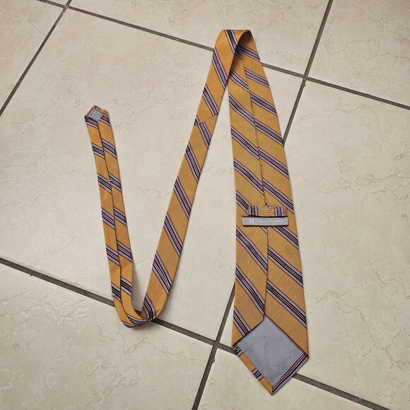 Hickey Freeman Made in USA Yellow Red Blue Repp Stripe Silk And Cotton Tie Woven - Picture 9 of 9